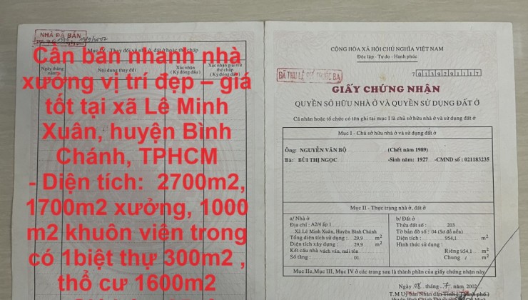 Cần bán nhanh nhà xưởng vị trí đẹp – giá tốt tại huyện Bình Chánh, TPHCM